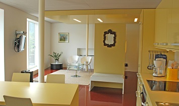 Design-Wohnraum mit Couchbereich, Küche und Esstisch im SUN Matrei