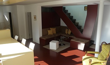 Lounge area with couch and step access to a second, connected apartment